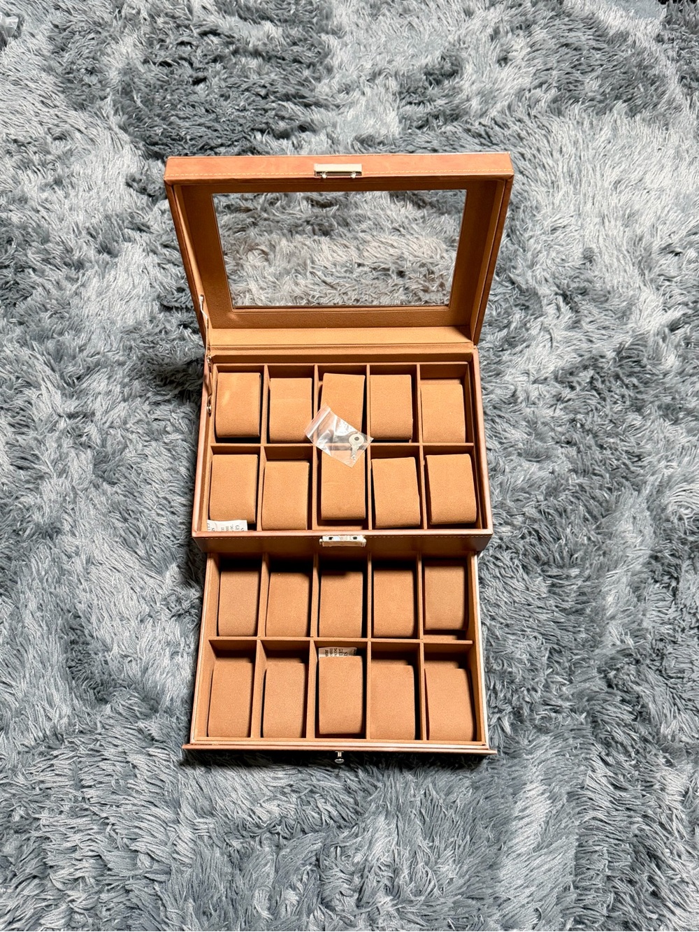 20-Slots Brown Double-Layer Compact Watch Box Travel/Storage Case W/ Lock